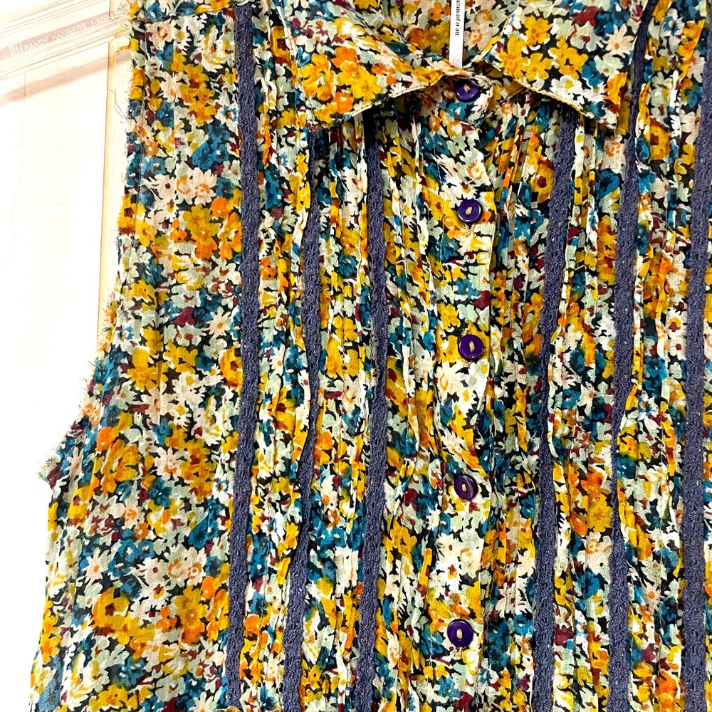 Free People Yellow Green Floral Tiered Button Front Collared Ruffle Tunic  Sz S - Picture 5 of 5